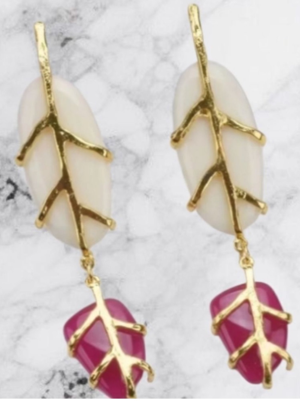 Zara Gold Branch Ivory & Berry Resin Stone Drop Earrings NWOT - Picture 4 of 8